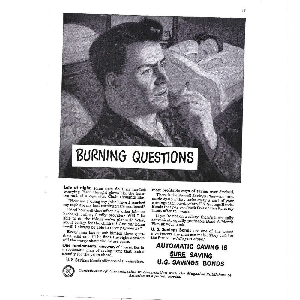US Saving Bonds Late at Night 1950s Vintage Print Ad 9 inch Tall